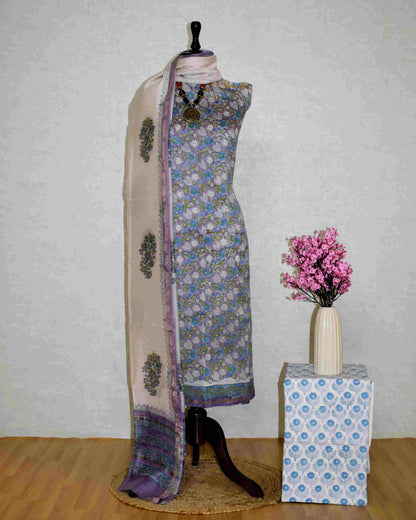Timeless Chanderi Silk Suit with Purple-Blue All-over Jaal Sanganeri Print