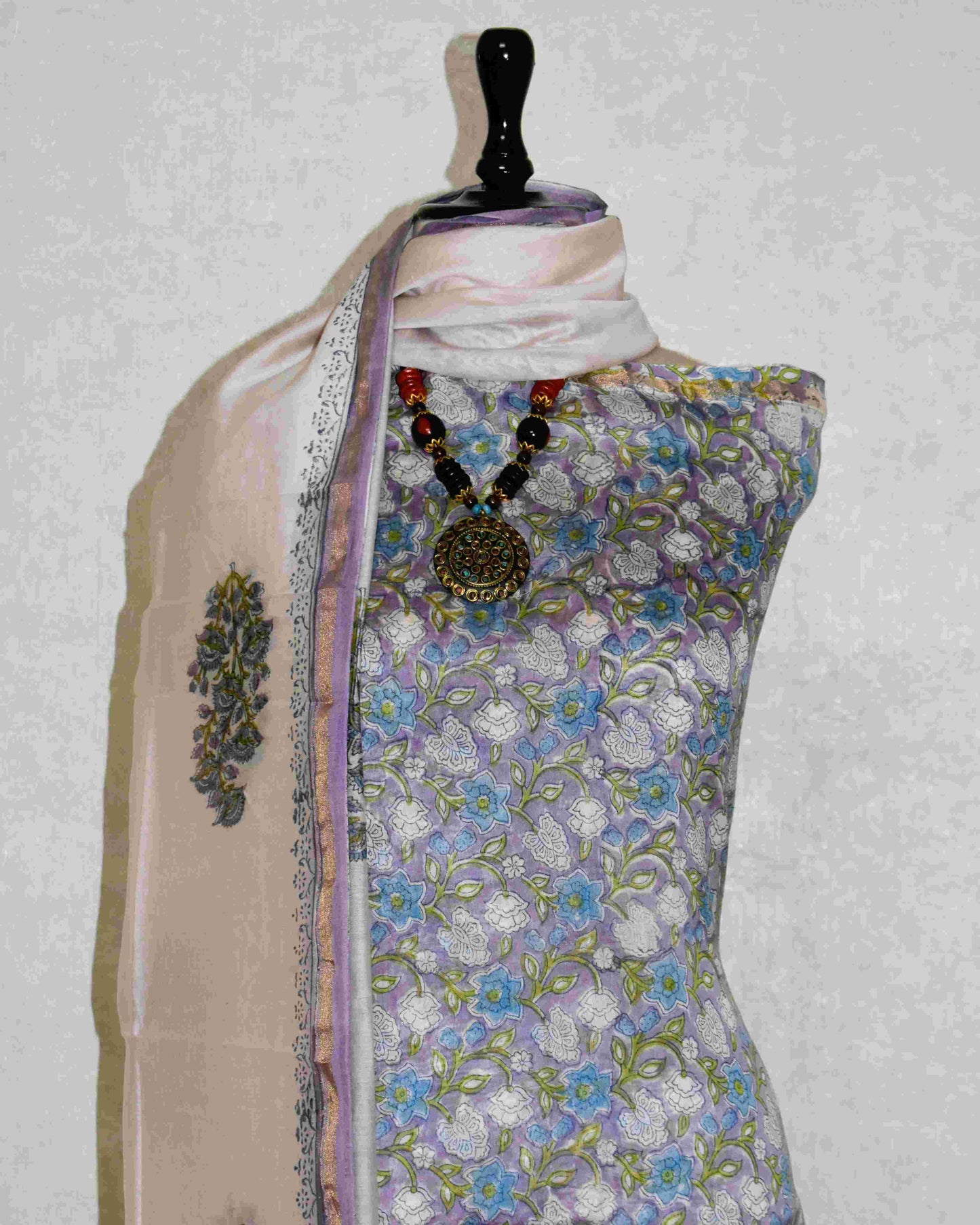 Timeless Chanderi Silk Suit with Purple-Blue All-over Jaal Sanganeri Print