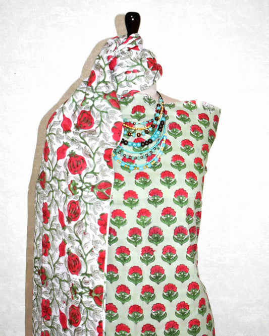 Red Floral Buti Hand Block Printed Cotton Suit with Malmal Dupatta