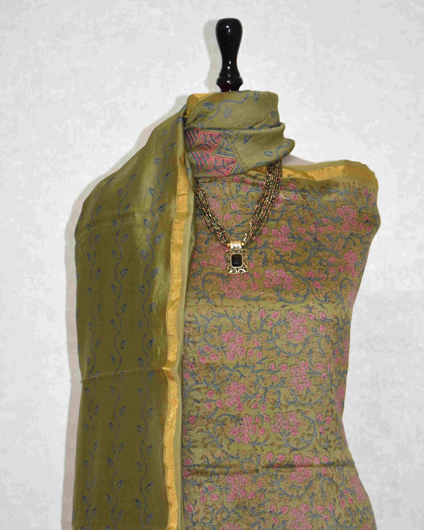 Olive Green Chanderi Silk Suit with Bagru Floral Jaal Print
