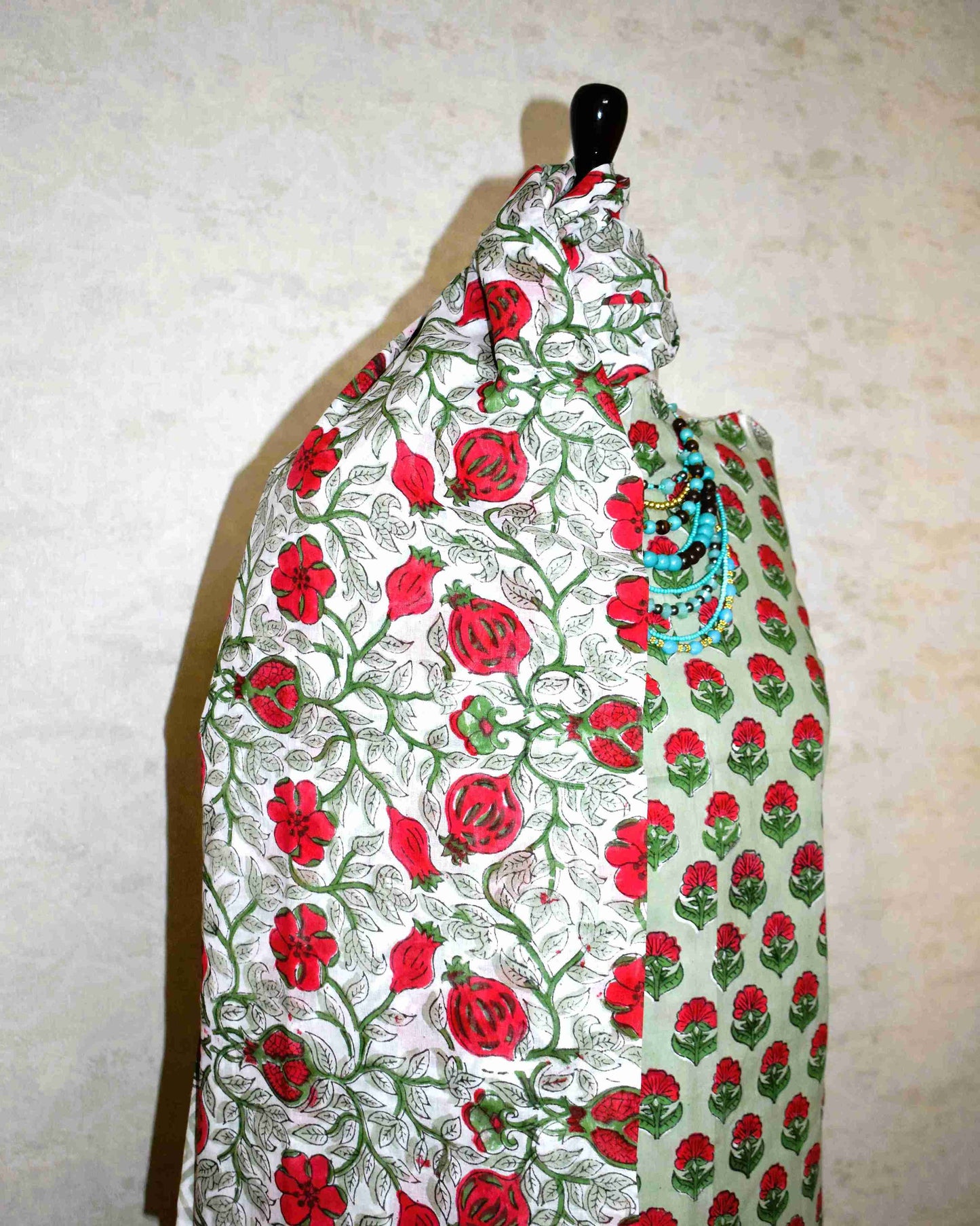 Red Floral Buti Hand Block Printed Cotton Suit with Malmal Dupatta
