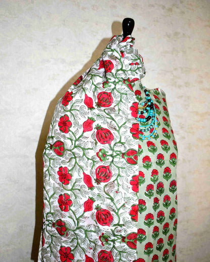 Red Floral Buti Hand Block Printed Cotton Suit with Malmal Dupatta