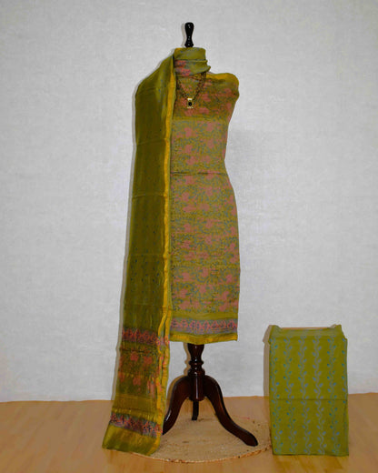 Olive Green Chanderi Silk Suit with Bagru Floral Jaal Print