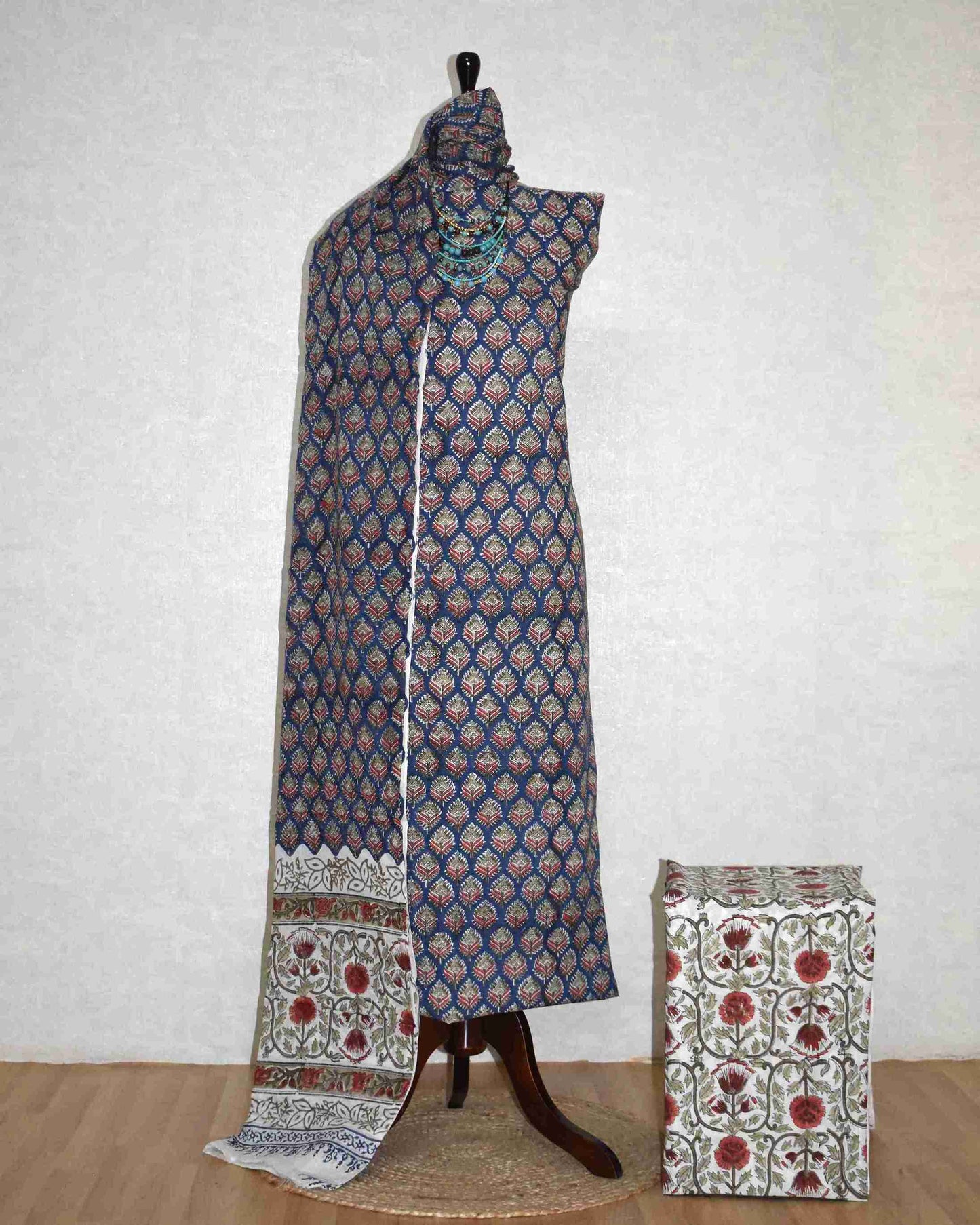 Blue Floral Intricate Buti Hand Block Printed Cotton Suit with Malmal Dupatta