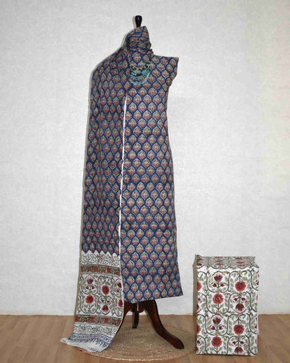 Blue Floral Intricate Buti Hand Block Printed Cotton Suit with Malmal Dupatta