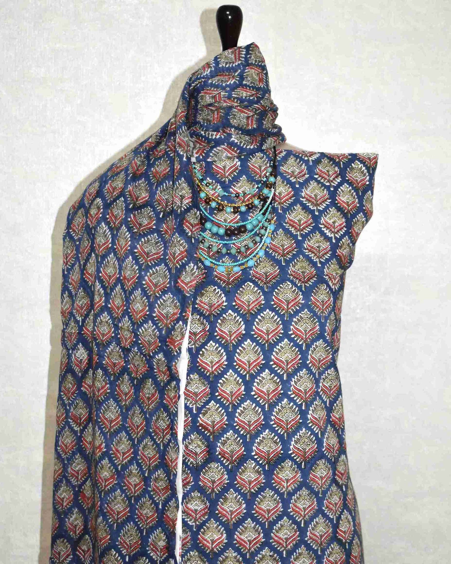 Blue Floral Intricate Buti Hand Block Printed Cotton Suit with Malmal Dupatta