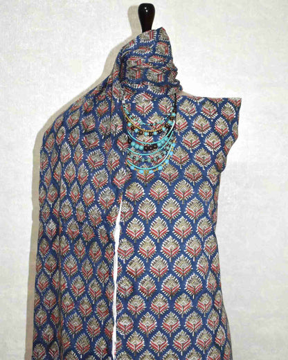 Blue Floral Intricate Buti Hand Block Printed Cotton Suit with Malmal Dupatta