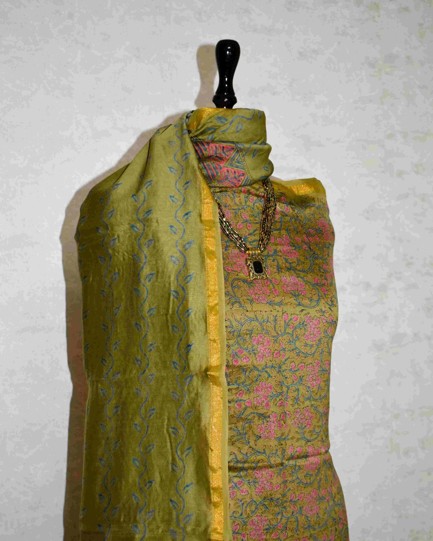 Olive Green Chanderi Silk Suit with Bagru Floral Jaal Print