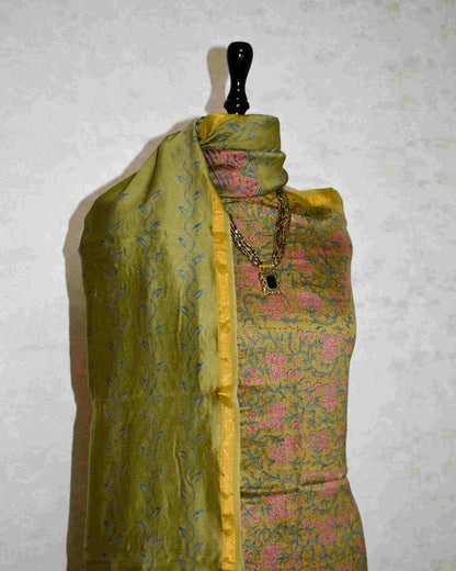 Olive Green Chanderi Silk Suit with Bagru Floral Jaal Print