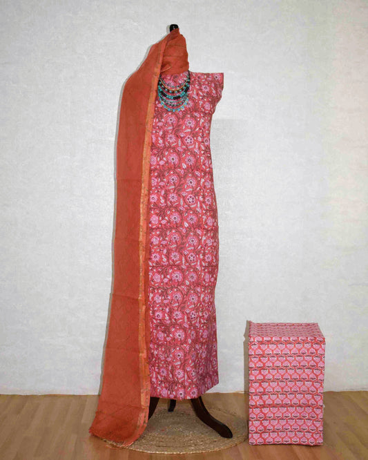 Blush Pink Floral Hand Block Printed Cotton Suit with Kota Doria Lehriya Dupatta