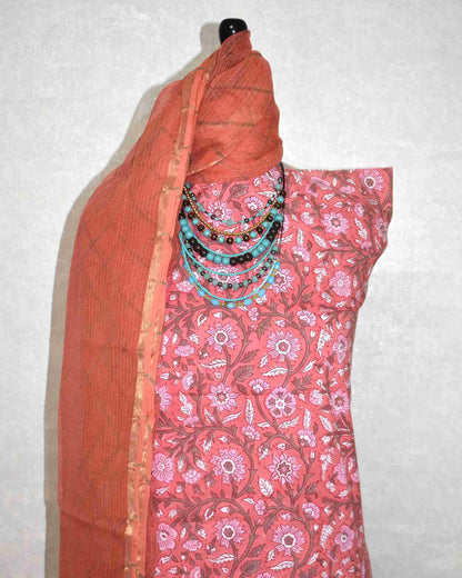 Blush Pink Floral Hand Block Printed Cotton Suit with Kota Doria Lehriya Dupatta