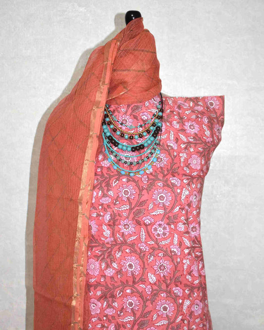 Blush Pink Floral Hand Block Printed Cotton Suit with Kota Doria Lehriya Dupatta