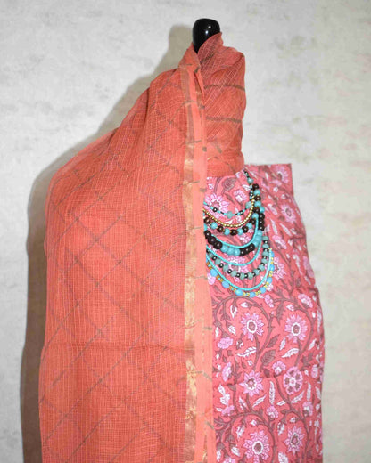 Blush Pink Floral Hand Block Printed Cotton Suit with Kota Doria Lehriya Dupatta