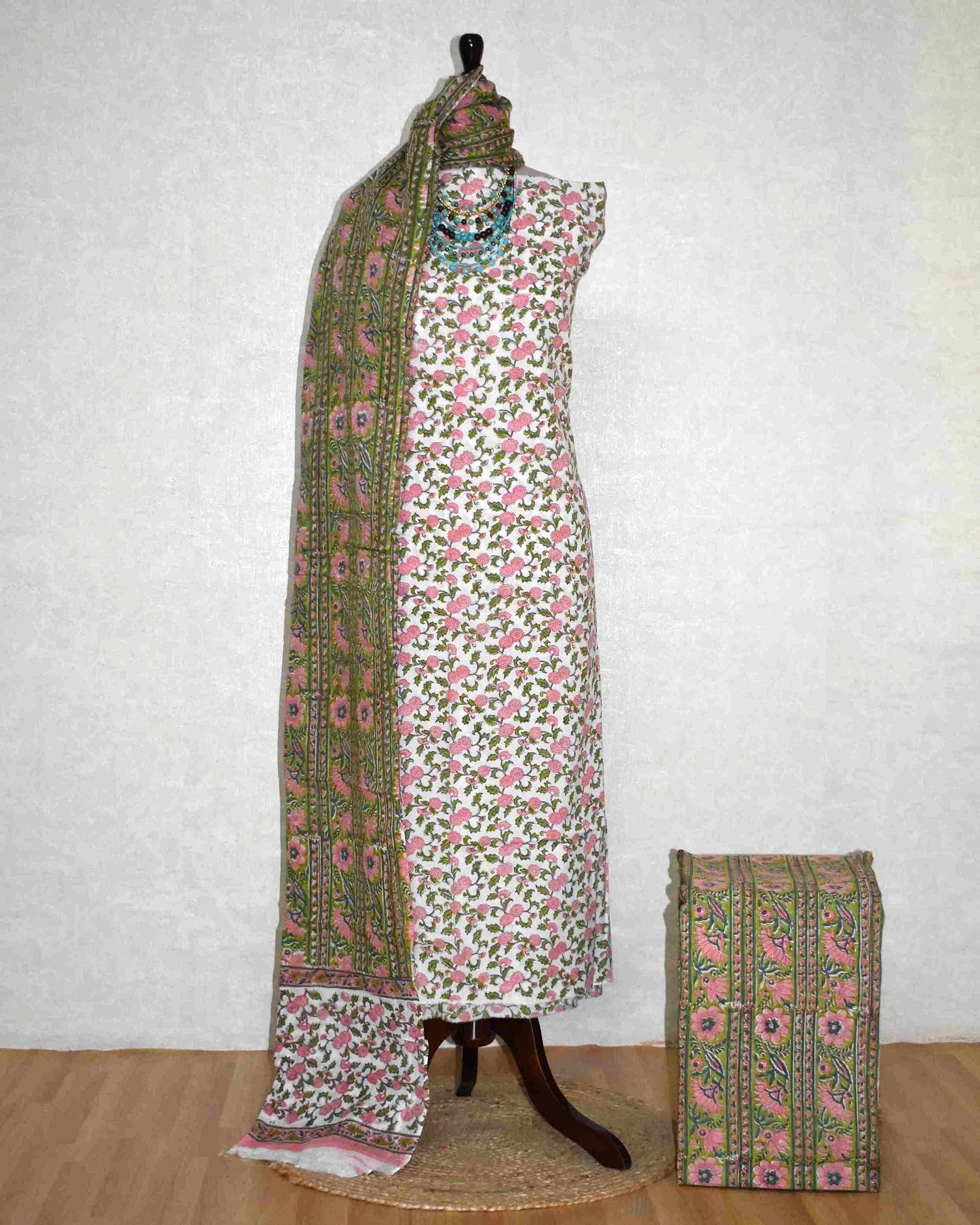 Floral Intricate Jaal Hand Block Printed Cotton Suit with Malmal Dupatta
