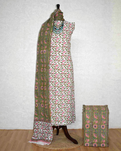 Floral Intricate Jaal Hand Block Printed Cotton Suit with Malmal Dupatta
