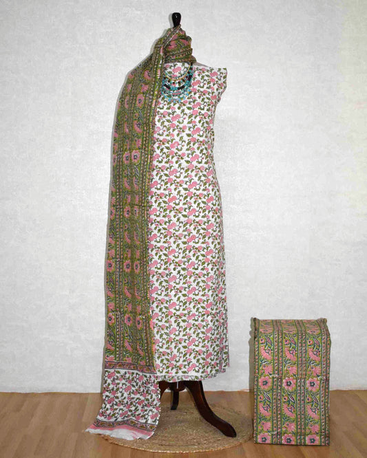 Floral Intricate Jaal Hand Block Printed Cotton Suit with Malmal Dupatta