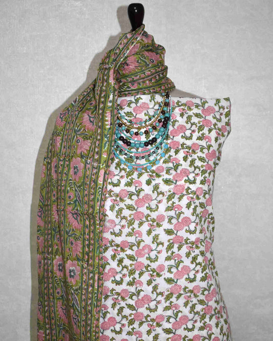 Floral Intricate Jaal Hand Block Printed Cotton Suit with Malmal Dupatta