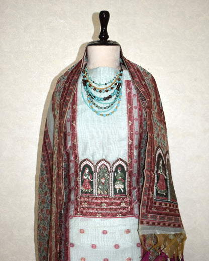 Premium Soft Pastel Blue Jaamdani Styled with Heritage Inspired Arch Motifs