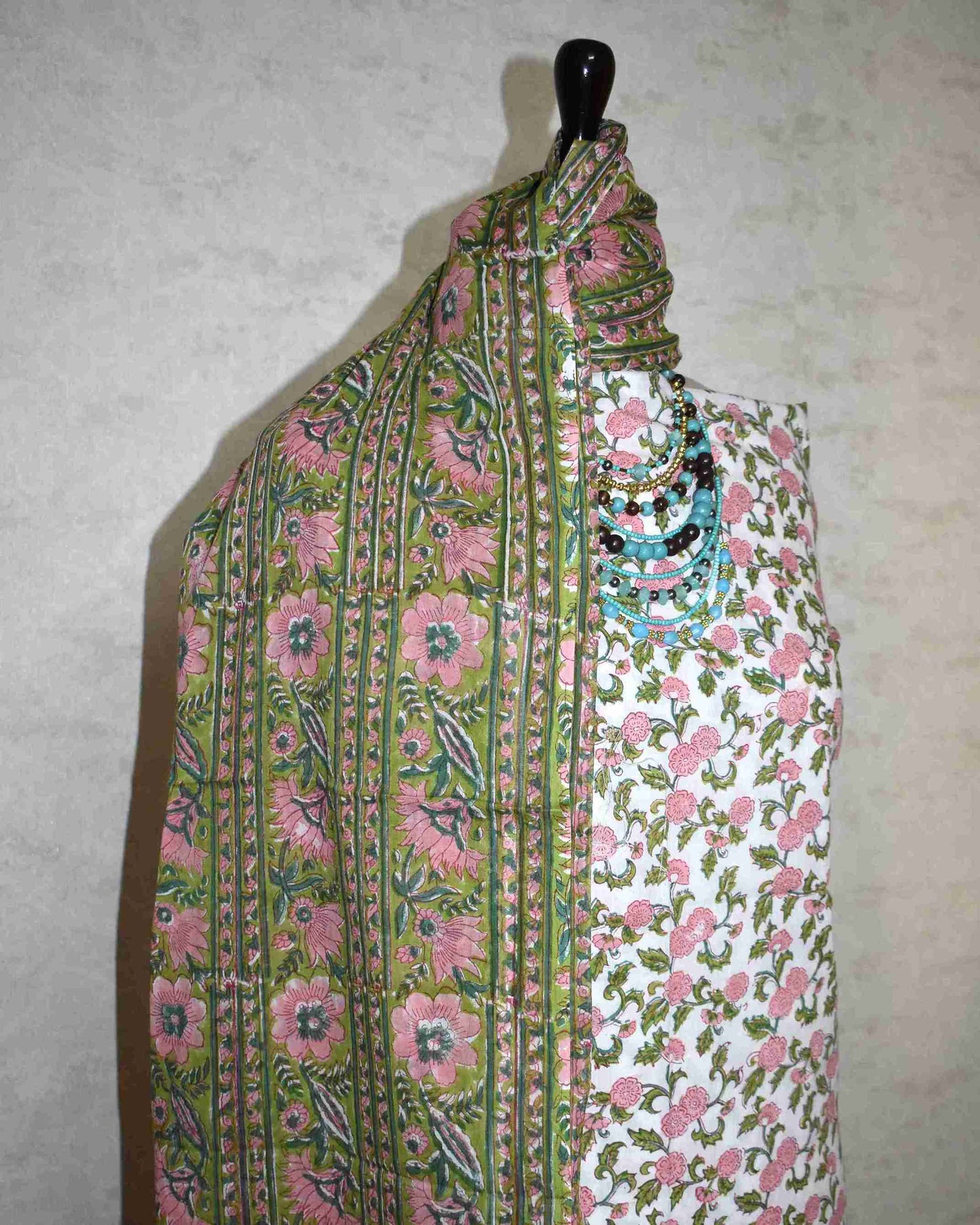 Floral Intricate Jaal Hand Block Printed Cotton Suit with Malmal Dupatta
