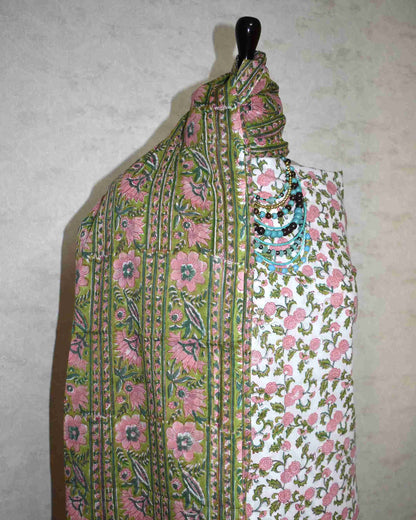 Floral Intricate Jaal Hand Block Printed Cotton Suit with Malmal Dupatta