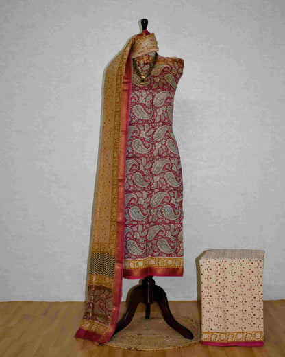 Bagru Matt Pink Paisley Printed Maheshwari Silk Suit Set