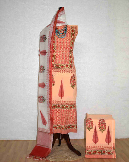 Hand Block Printed Premium Cotton Unstitched Suit with Chanderi Silk Dupatta - Curated Edit