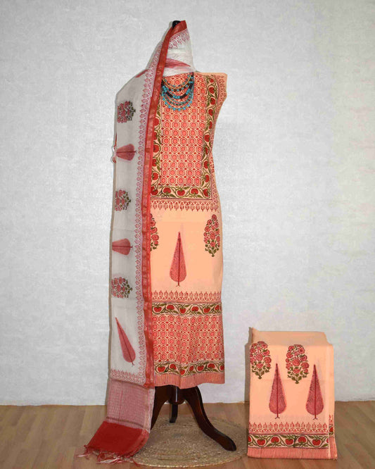 Hand Block Printed Premium Cotton Unstitched Suit with Chanderi Silk Dupatta - Curated Edit