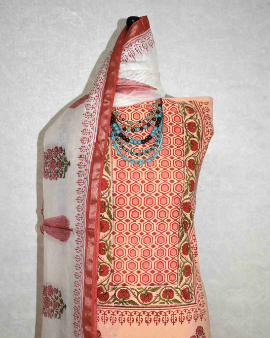Hand Block Printed Premium Cotton Unstitched Suit with Chanderi Silk Dupatta - Curated Edit
