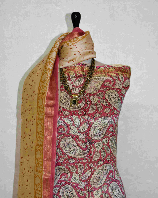 Bagru Matt Pink Paisley Printed Maheshwari Silk Suit Set