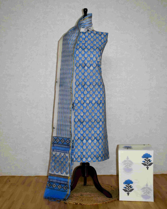 Hand Block Printed Premium Cotton Unstitched Suit with Blue All-over Buti & Chanderi Silk Dupatta - Curated Edit