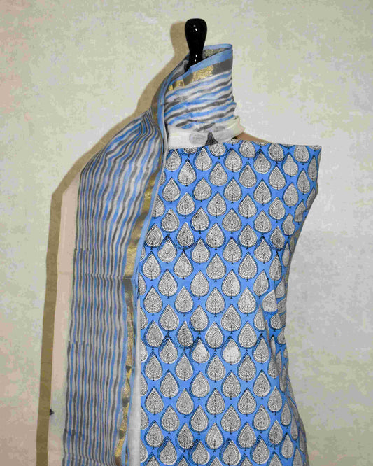 Hand Block Printed Premium Cotton Unstitched Suit with Blue All-over Buti & Chanderi Silk Dupatta - Curated Edit