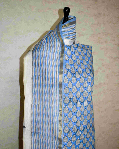 Hand Block Printed Premium Cotton Unstitched Suit with Blue All-over Buti & Chanderi Silk Dupatta - Curated Edit