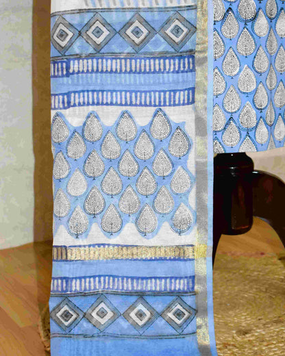 Hand Block Printed Premium Cotton Unstitched Suit with Blue All-over Buti & Chanderi Silk Dupatta - Curated Edit