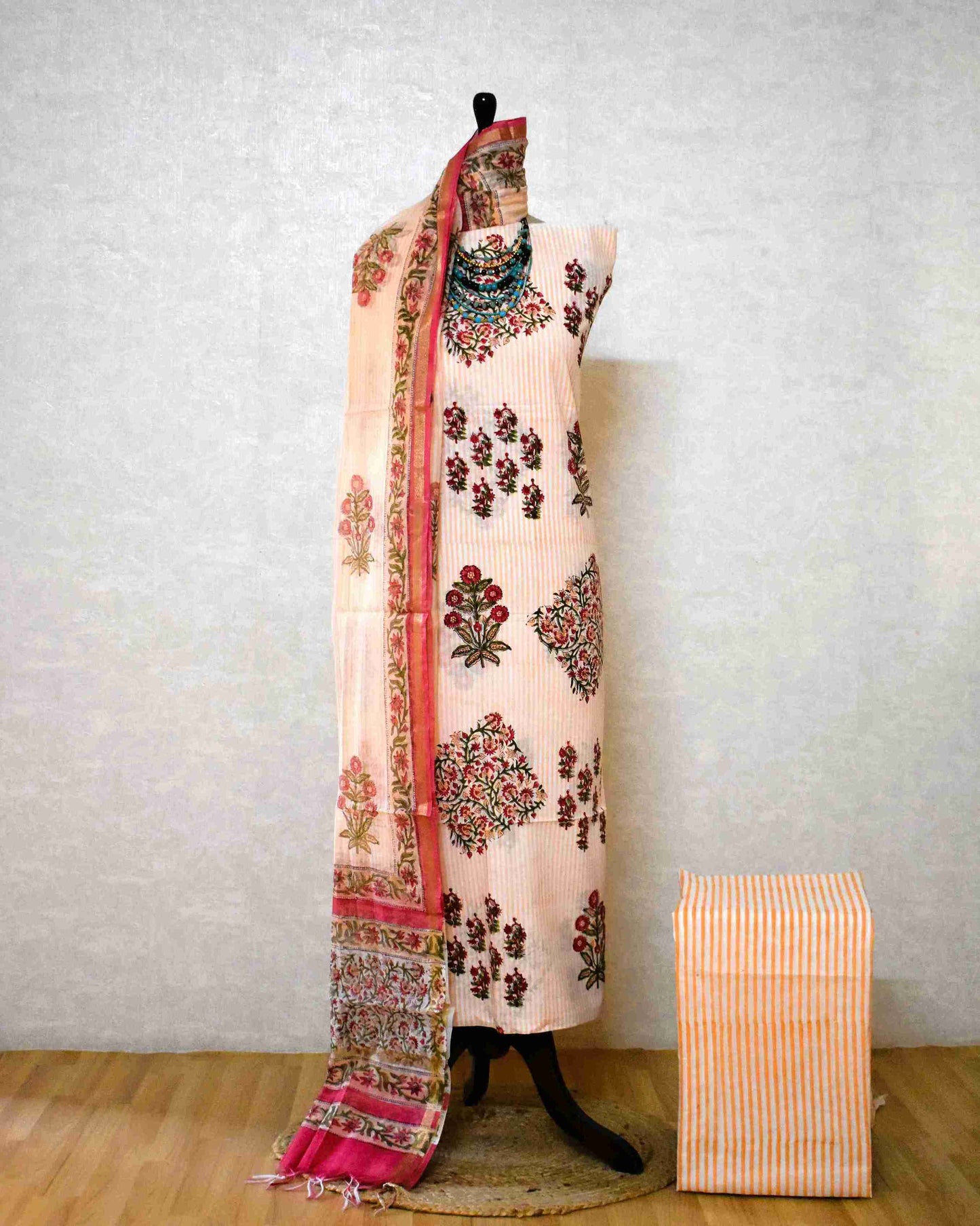 Hand Block Printed Premium Cotton Unstitched Suit with Chanderi Silk Dupatta - Curated Edit
