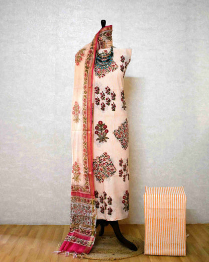 Hand Block Printed Premium Cotton Unstitched Suit with Chanderi Silk Dupatta - Curated Edit