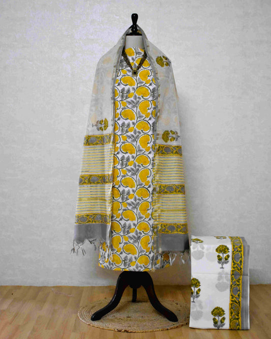 Hand Block Printed Premium Cotton Unstitched Suit with Yellow Floral Buta & Chanderi Silk Dupatta - Curated Edit