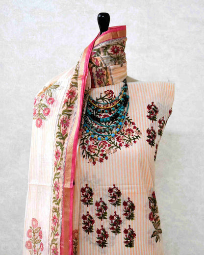 Hand Block Printed Premium Cotton Unstitched Suit with Chanderi Silk Dupatta - Curated Edit