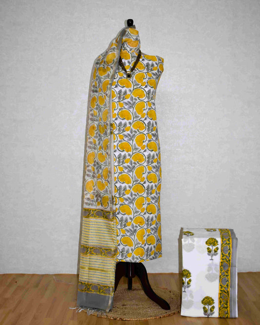 Hand Block Printed Premium Cotton Unstitched Suit with Yellow Floral Buta & Chanderi Silk Dupatta - Curated Edit