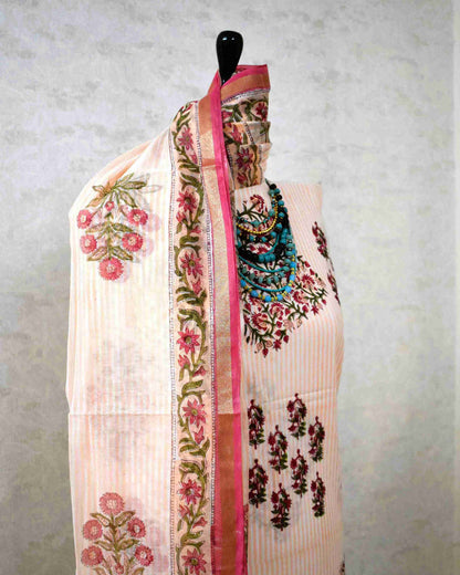 Hand Block Printed Premium Cotton Unstitched Suit with Chanderi Silk Dupatta - Curated Edit