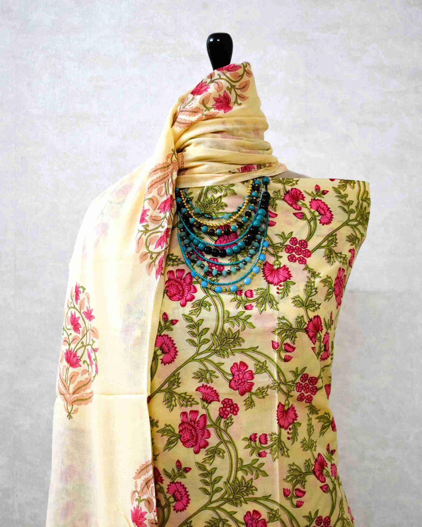 Jaipuri Printed Unstitched Cotton Suit Set with malmal dupatta