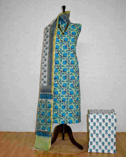Hand Block Printed Premium Cotton Unstitched Suit with Blue Floral veils & Chanderi Silk Dupatta - Curated Edit
