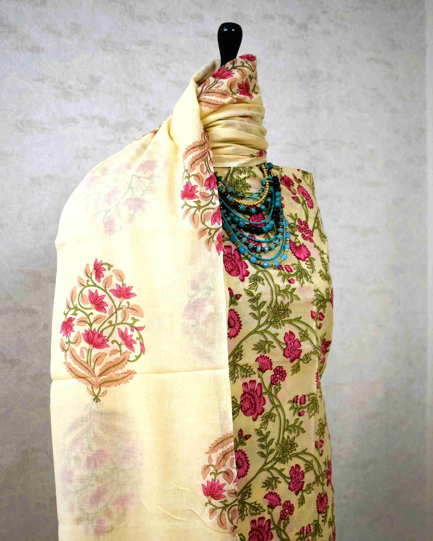 Jaipuri Printed Unstitched Cotton Suit Set with malmal dupatta