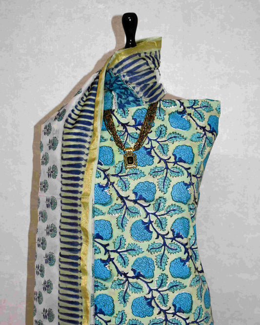 Hand Block Printed Premium Cotton Unstitched Suit with Blue Floral veils & Chanderi Silk Dupatta - Curated Edit