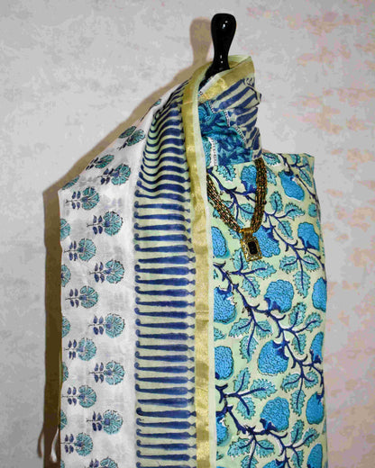 Hand Block Printed Premium Cotton Unstitched Suit with Blue Floral veils & Chanderi Silk Dupatta - Curated Edit