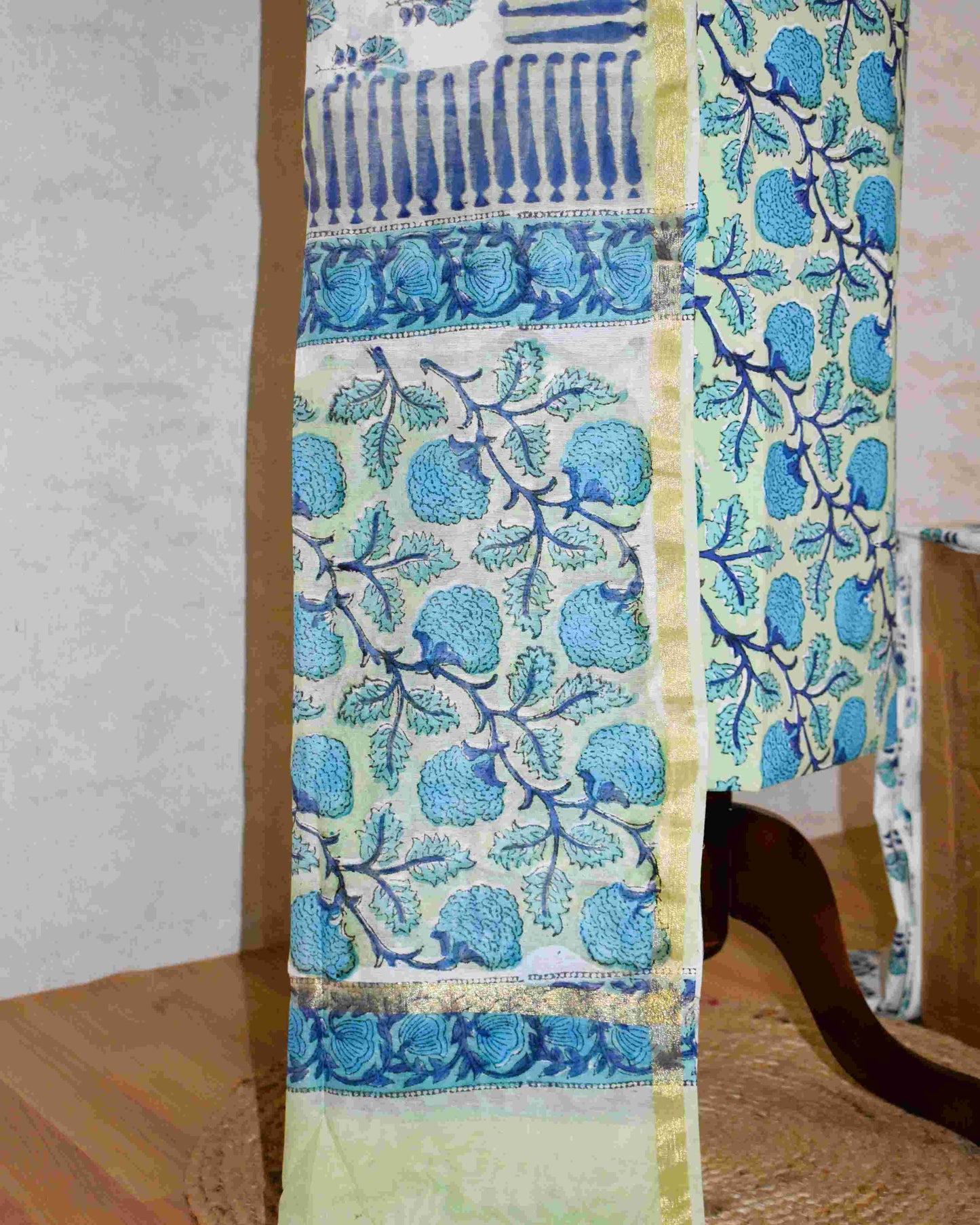 Hand Block Printed Premium Cotton Unstitched Suit with Blue Floral veils & Chanderi Silk Dupatta - Curated Edit