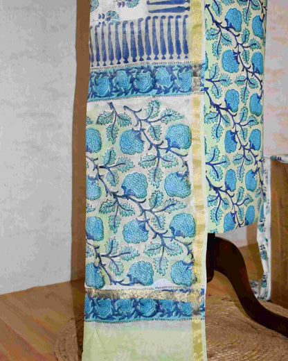 Hand Block Printed Premium Cotton Unstitched Suit with Blue Floral veils & Chanderi Silk Dupatta - Curated Edit