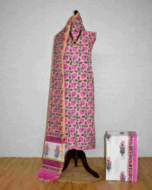 Hand Block Printed Premium Cotton Unstitched Suit with Pink Floral veils & Chanderi Silk Dupatta - Curated Edit