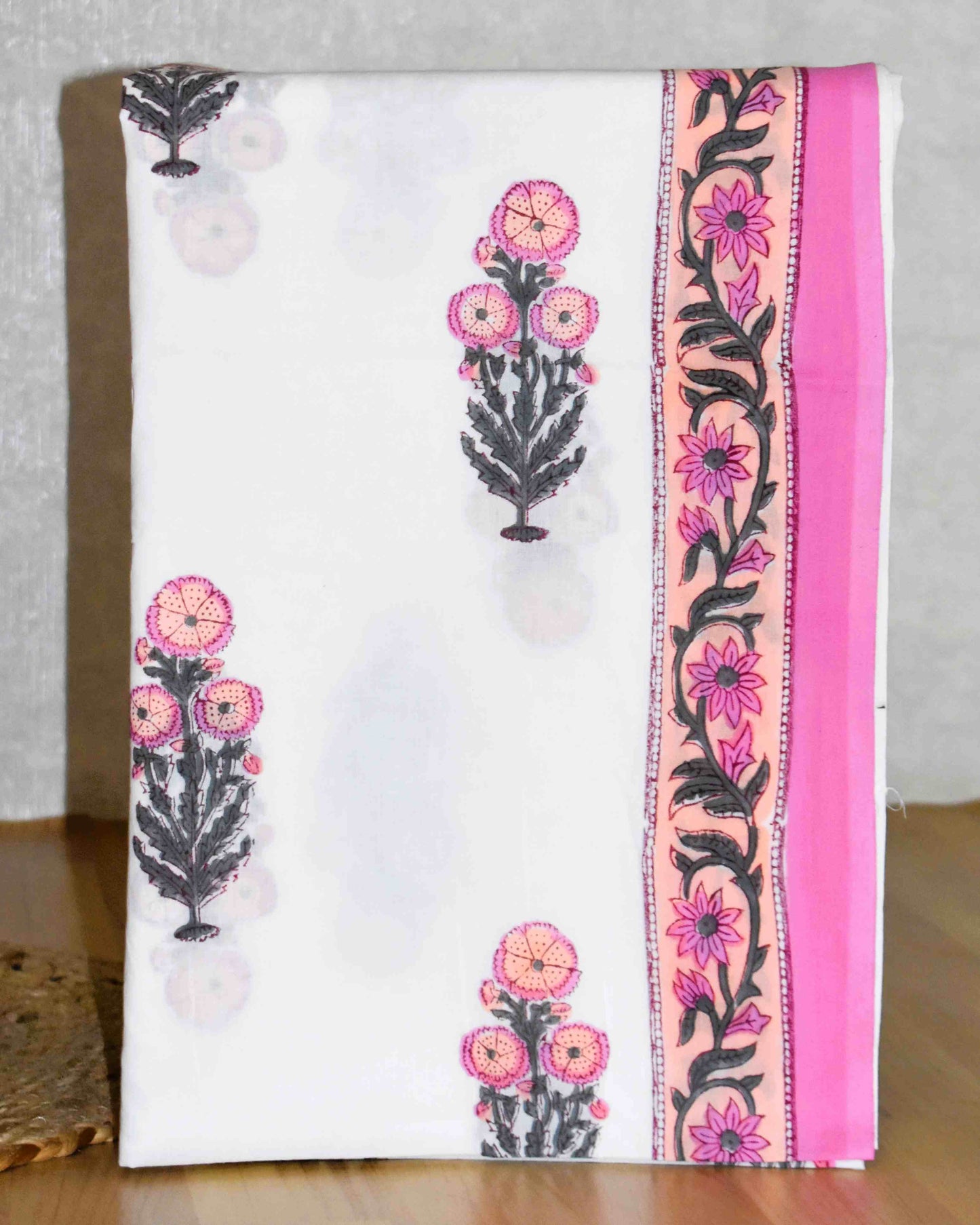 Hand Block Printed Premium Cotton Unstitched Suit with Pink Floral veils & Chanderi Silk Dupatta - Curated Edit