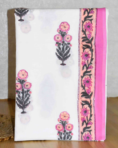 Hand Block Printed Premium Cotton Unstitched Suit with Pink Floral veils & Chanderi Silk Dupatta - Curated Edit