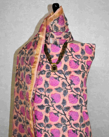 Hand Block Printed Premium Cotton Unstitched Suit with Pink Floral veils & Chanderi Silk Dupatta - Curated Edit